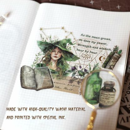 VISUMCIP Witch Stickers 10 Sheets Pre-Cut Journaling Washi Scrapbooking Magic