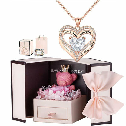 Generic Preserved Rose Gift Box with Pink Moss Bear & Necklace Gift