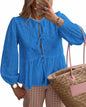 KIRUNDO Babydoll Long Sleeve Tie Front Eyelet Cotton Top Blue Size XL