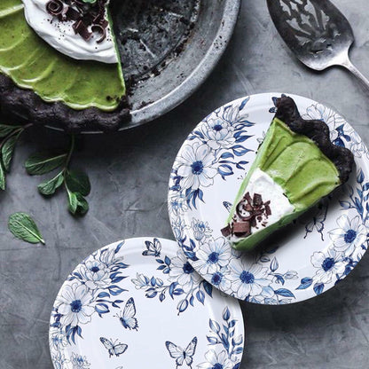 Pandecor 50 Blue White Floral Disposable Paper Plates 7in Butterfly Theme
