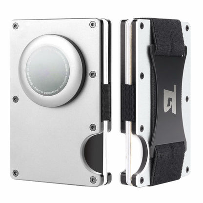 Team Gainz Mens Metal Wallet RFID Blocking Airtag Holder Silver W/ Strap