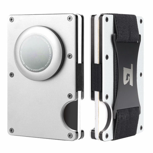 Team Gainz Mens Metal Wallet RFID Blocking Airtag Holder Silver W/ Strap
