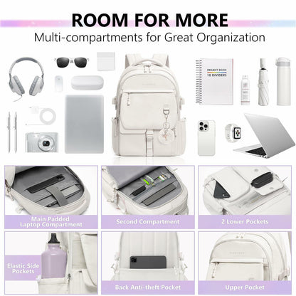 GLORIEROO Kids Backpack Girls 15.6" Laptop Compartment Beige White