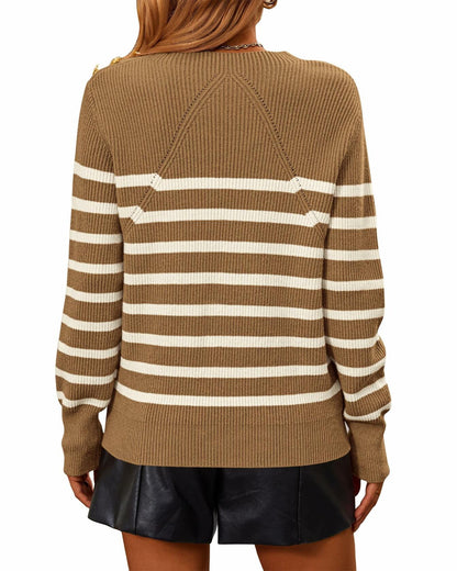 KIRUNDO Women's Striped Ribbed Knit Sweater Crewneck Metal Buttons Camel Size M