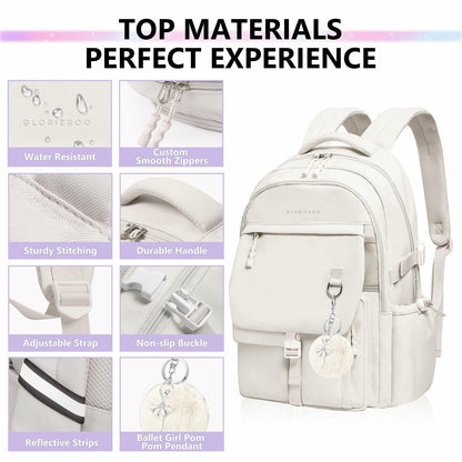 GLORIEROO Kids Backpack Girls 15.6" Laptop Compartment Beige White