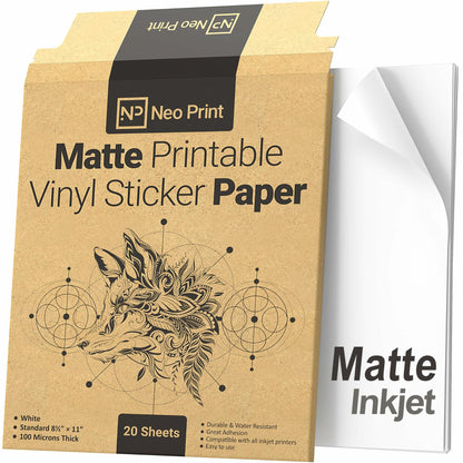 NEO PRINT Printable Vinyl Sticker Paper Matte White 8.5x11 20 Sheets Waterproof