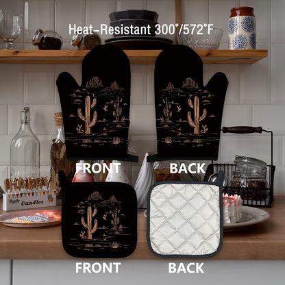 Qeheb Blue Western Cactus Oven Mitts and Pot Holders Set Kitchen Decor