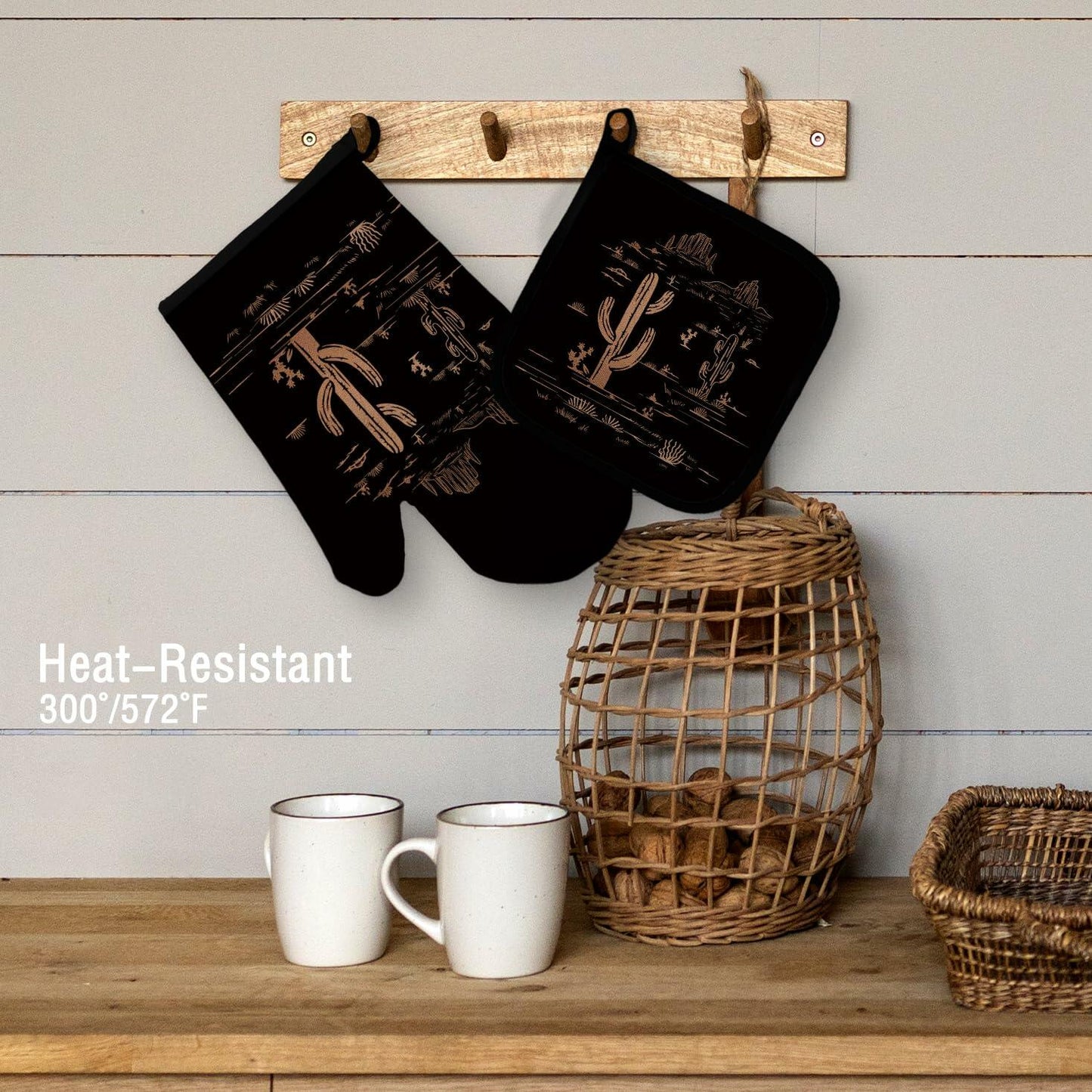 Qeheb Blue Western Cactus Oven Mitts and Pot Holders Set Kitchen Decor