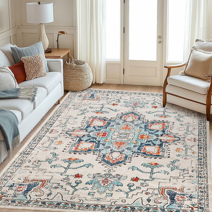 Puremy 2x3 Vintage Boho Entryway Rug Non Slip Low Pile Floral Cream