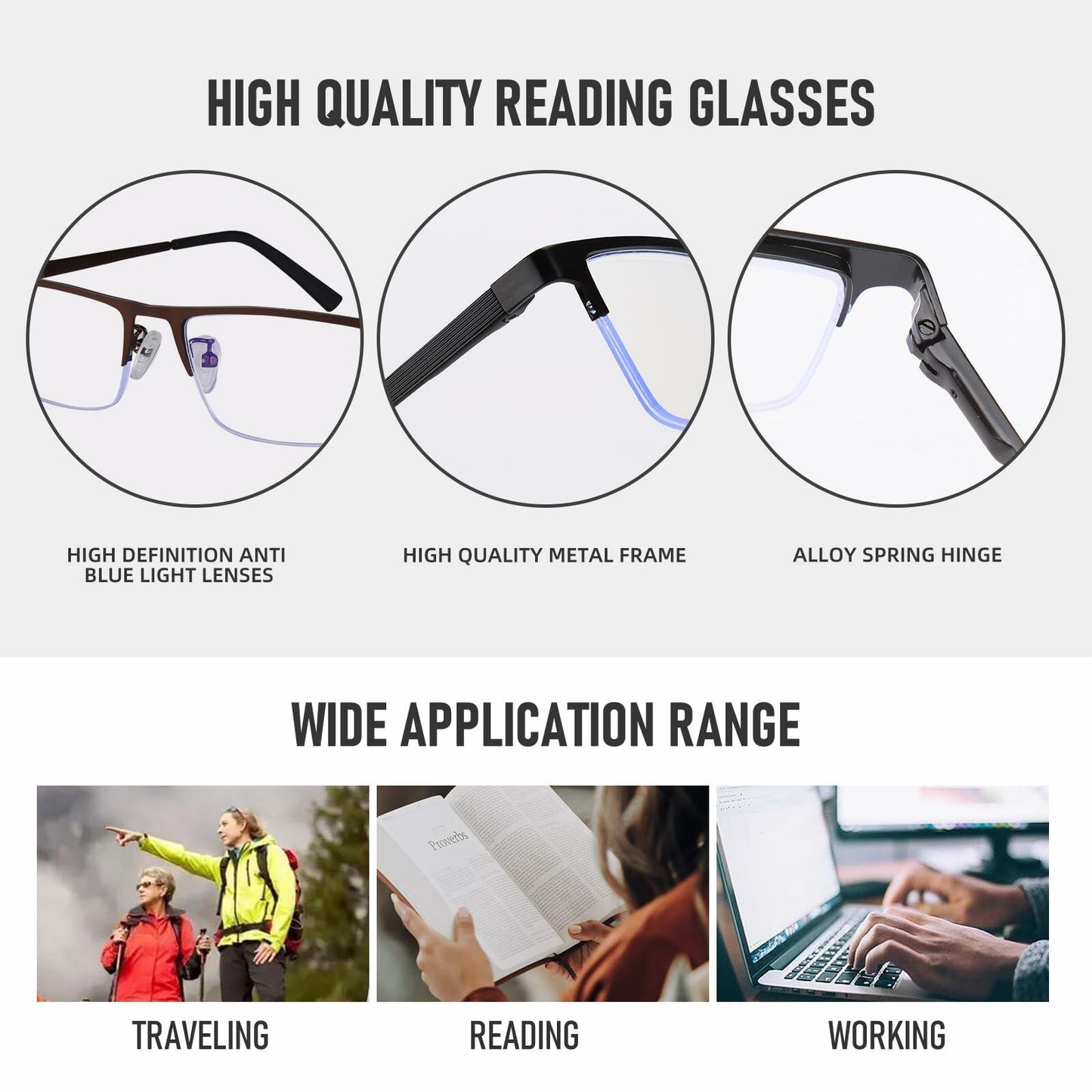 Anourney 3-Pack Men’s Reading Glasses +2.25 Metal Half Frame Blue Light