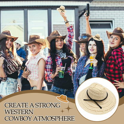 Cutecrop 12 Pcs Mini Cowboy Straw Doll Hats 4.72" Western Party Milk White Black
