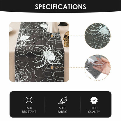 Sioloc Halloween Table Runner Silver Spider Web 13x72 Inch Black Polyester