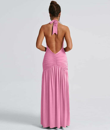 Ekaliy Womens Sexy Halter Deep V Neck Maxi Dress Sleeveless Pink Size S
