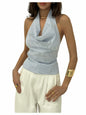 SOLY HUX Women's Striped Deep V Neck Bow Tie Backless Halter Top Blue Size S