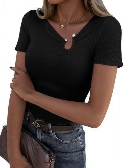 SANDERY Womens Slim Fit Ribbed T-Shirt Asymmetrical Neck Black Size M
