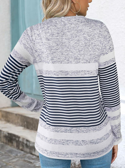 LilyCoco Womens Striped Shirt Color Block Crewneck Long Sleeve T Shirt Grey S