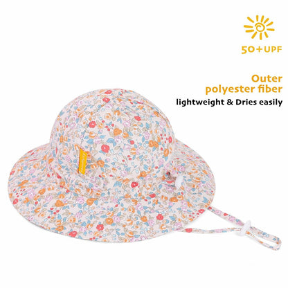 Huuflyty Baby Girl Adjustable Sun Hat Wide Brim UPF 50+ Floral Khaki Size 6-24M