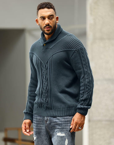 SAVKOOV Men's Shawl Collar Cable Knit Pullover Sweater Deep Gray Size 3X-Large