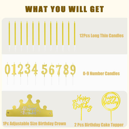 Chanseen 25Pcs Gold Birthday Candle Set Number 0-9 Metallic Long Thin