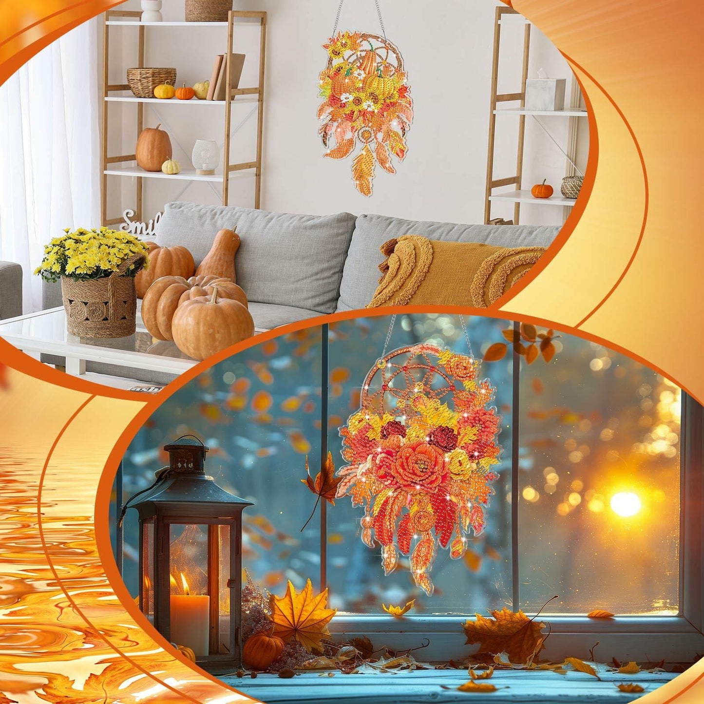 Saillong Fall Thanksgiving Diamond Art Suncatcher Pumpkin Hanging Decor 2PCS