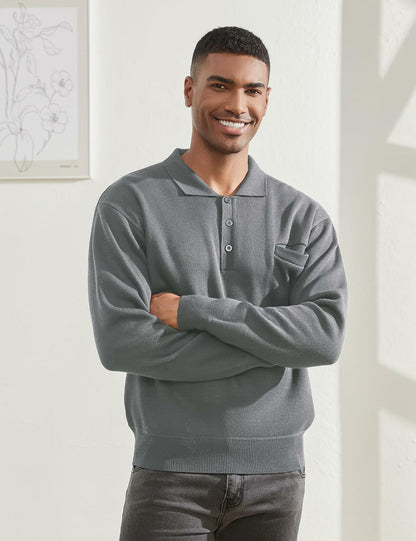 Thkzn Men’s Knit Polo Sweater Grey Long Sleeve Fleece Lined XL Classic