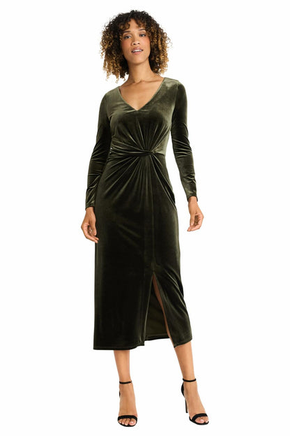 Maggy London Women's V Neck MIDI Dress Draped Knot Waist Slit Rosin Size M