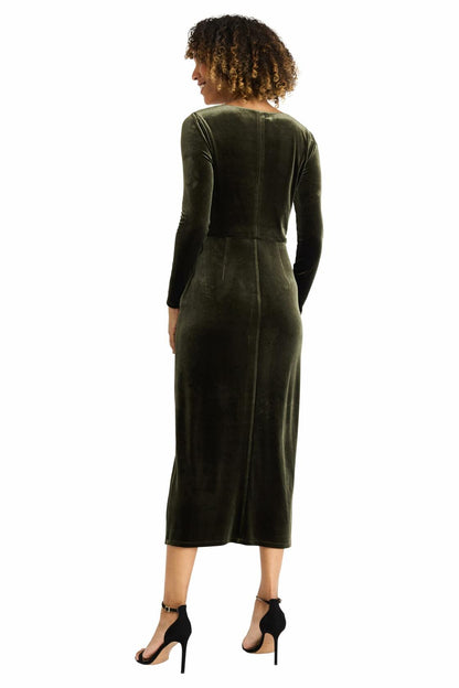Maggy London Women's V Neck MIDI Dress Draped Knot Waist Slit Rosin Size M