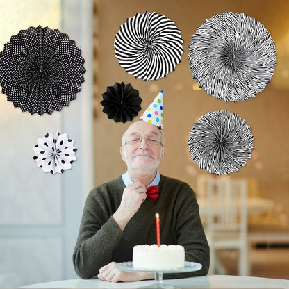 6PCS Black Hanging Paper Fans Party Decorations for Birthday, Wedding & Shower