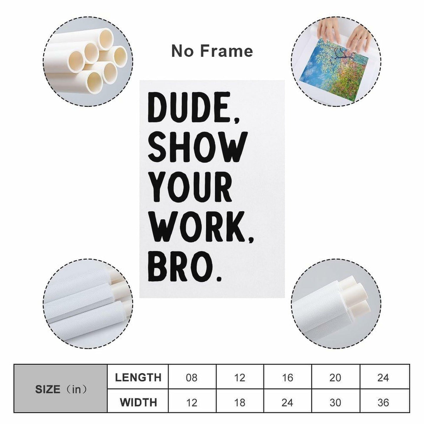 Covbob DUDE SHOW YOUR WORK BRO Canvas Wall Art Print 36x24in Style-1