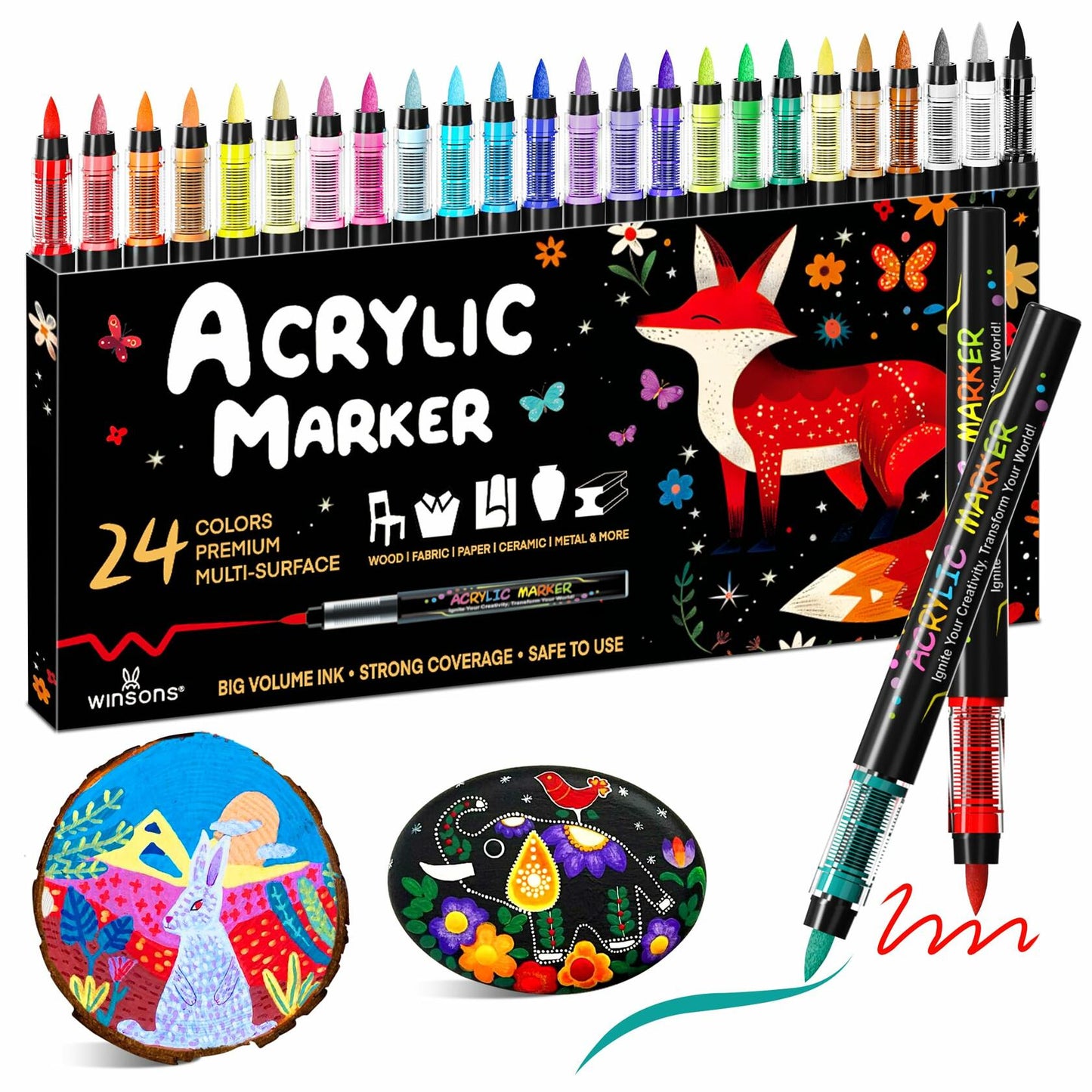 WINSONS 24 Colors Direct Liquid Ink Permanent Acrylic Markers Multi-Surface