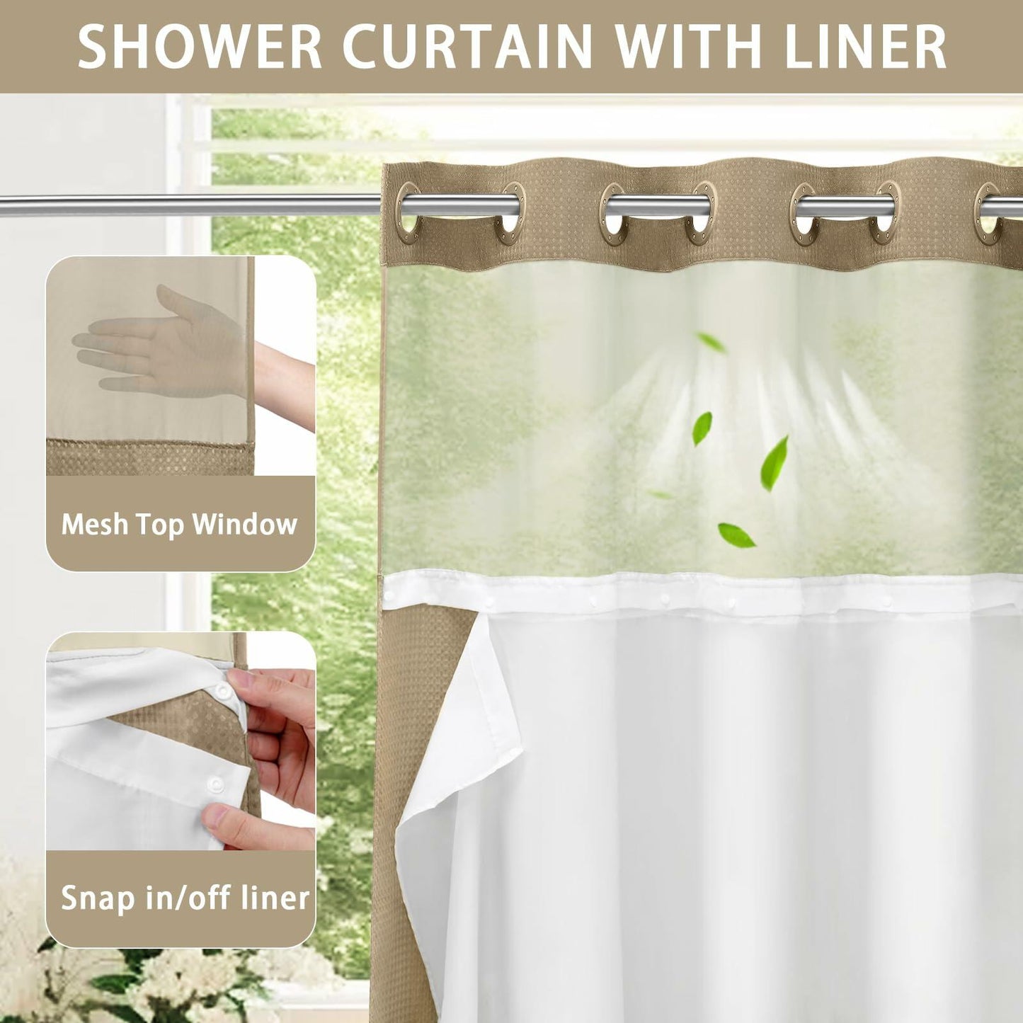 YellyHommy No Hook Shower Curtain Snap Liner Set Cyan 87x72
