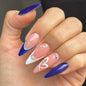 YEFIUO Press On Nails 24 Pcs Short Almond French Blue & White Rhinestones