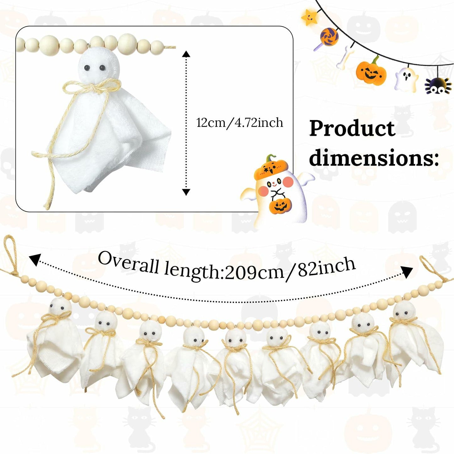 LGGbaodan Handmade Halloween Ghost Wooden Beads Garland 7.2Ft White Decor