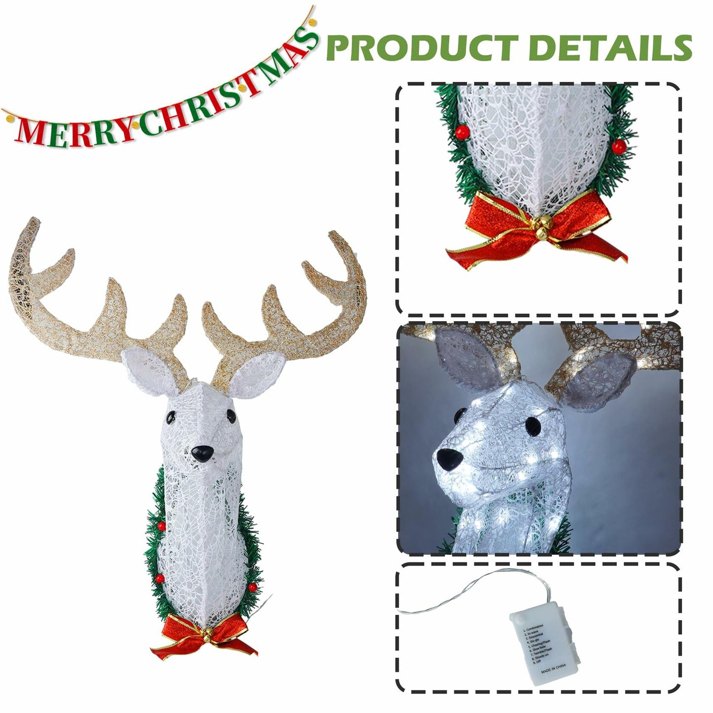 Hourleey 32" Lighted Christmas Reindeer Head Wall Decor Battery Operated White