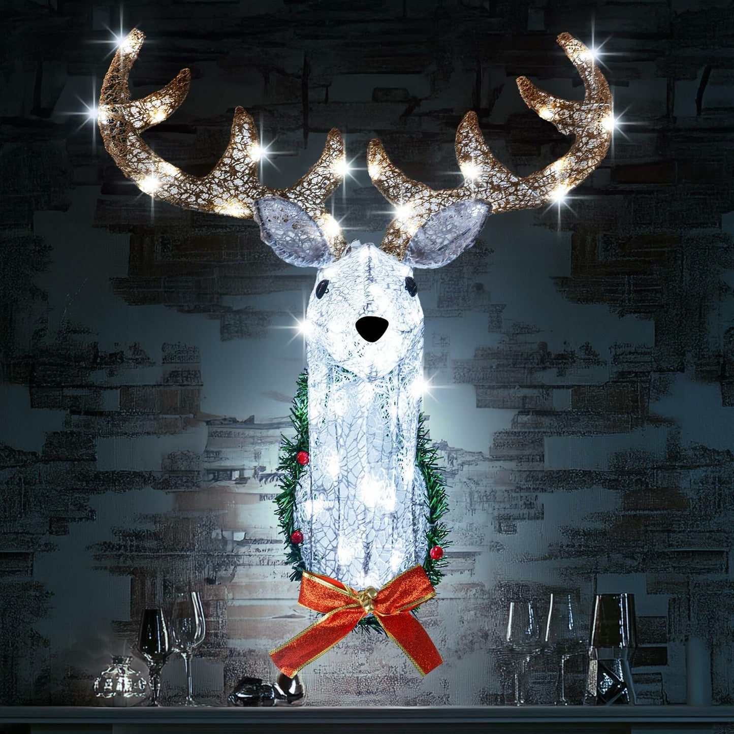 Hourleey 32" Lighted Christmas Reindeer Head Wall Decor Battery Operated White