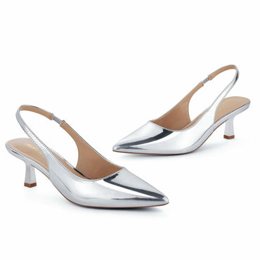 Elisabet Tang Women's Slingback Kitten Heels Silver Patent Size 7