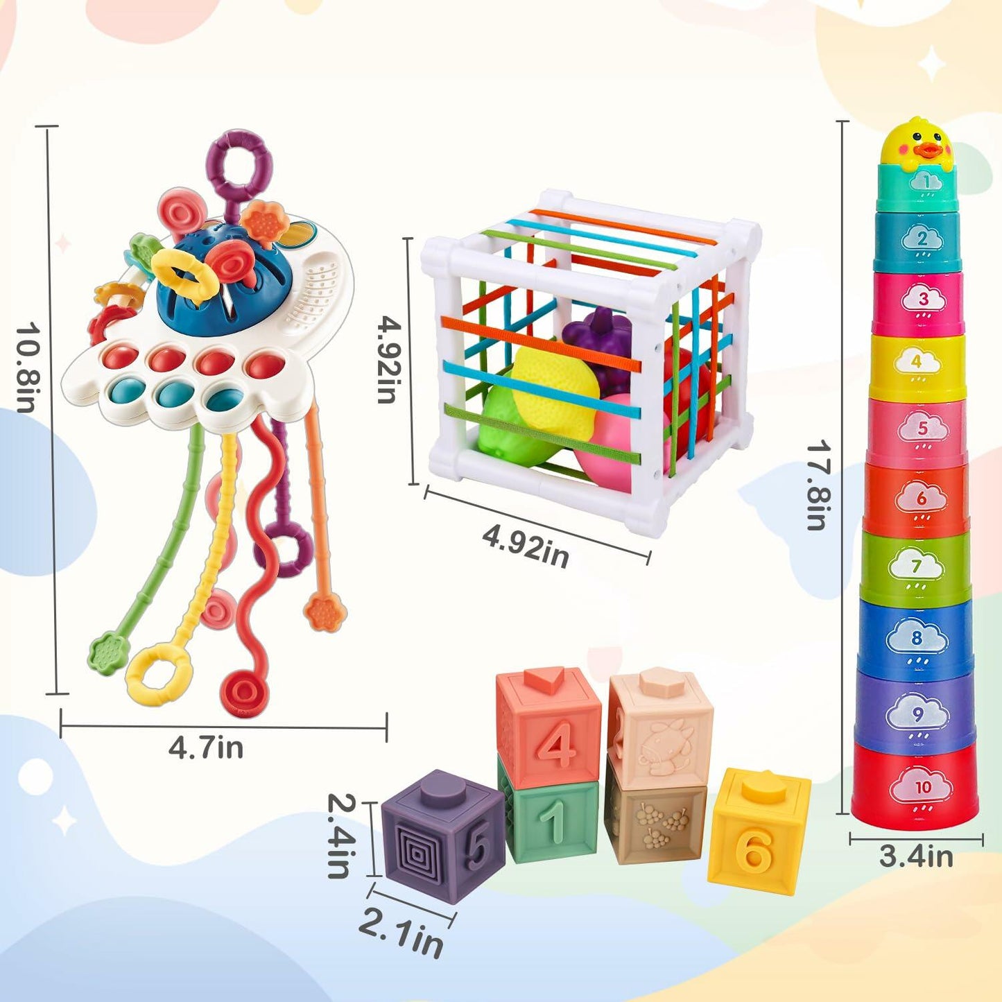 Qirptey Montessori Baby Toys Infant Pull String Stacking Cups Multicolor