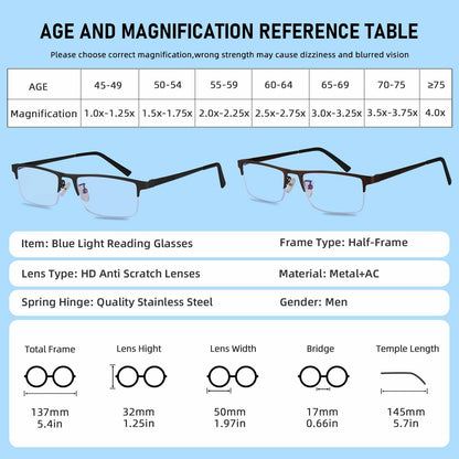 Anourney 3 Pack Mens Reading Glasses Metal Half Frame Blue Light +2.75