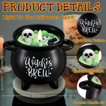 Halloween-themed candle with skull design in a black cauldron labeled 'Witches Brew' on a reflective surface.