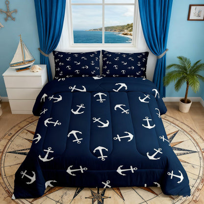 Manfei Anchor Comforter Set Nautical Navy Blue 2pcs Twin Size
