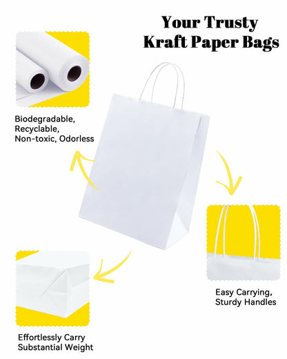 BAG BOX 50 Pack Kraft Paper Gift Bags with Handles 8.25x4.3x10.6 Inch White