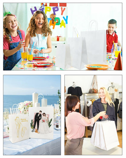 BAG BOX 50 Pack Kraft Paper Gift Bags with Handles 8.25x4.3x10.6 Inch White