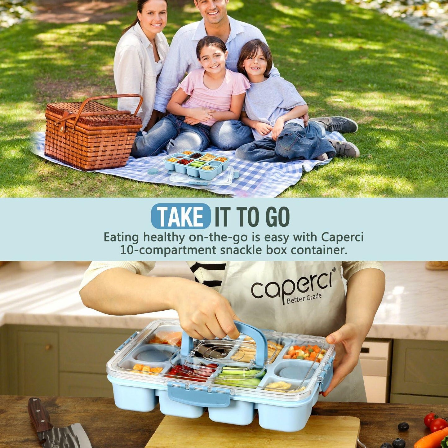 Caperci Snackle Box 10-Compartment Tray with Lid Handle Sky Blue BPA-Free