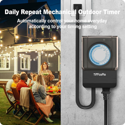 TiFFCOFiO Outdoor Waterproof Timer 24H Mechanical 2 Outlets 15A Heavy Duty