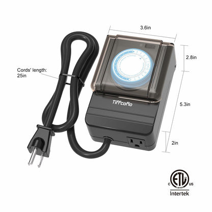 TiFFCOFiO Outdoor Waterproof Timer 24H Mechanical 2 Outlets 15A Heavy Duty