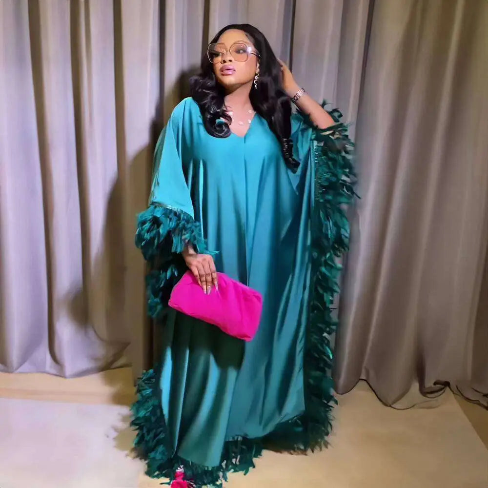 Orange Feathered Loose Dress Luxury Robe