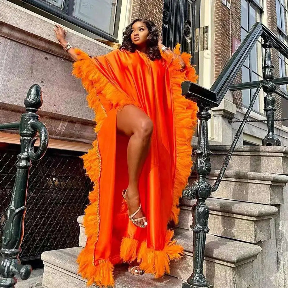 Orange Feathered Loose Dress Luxury Robe
