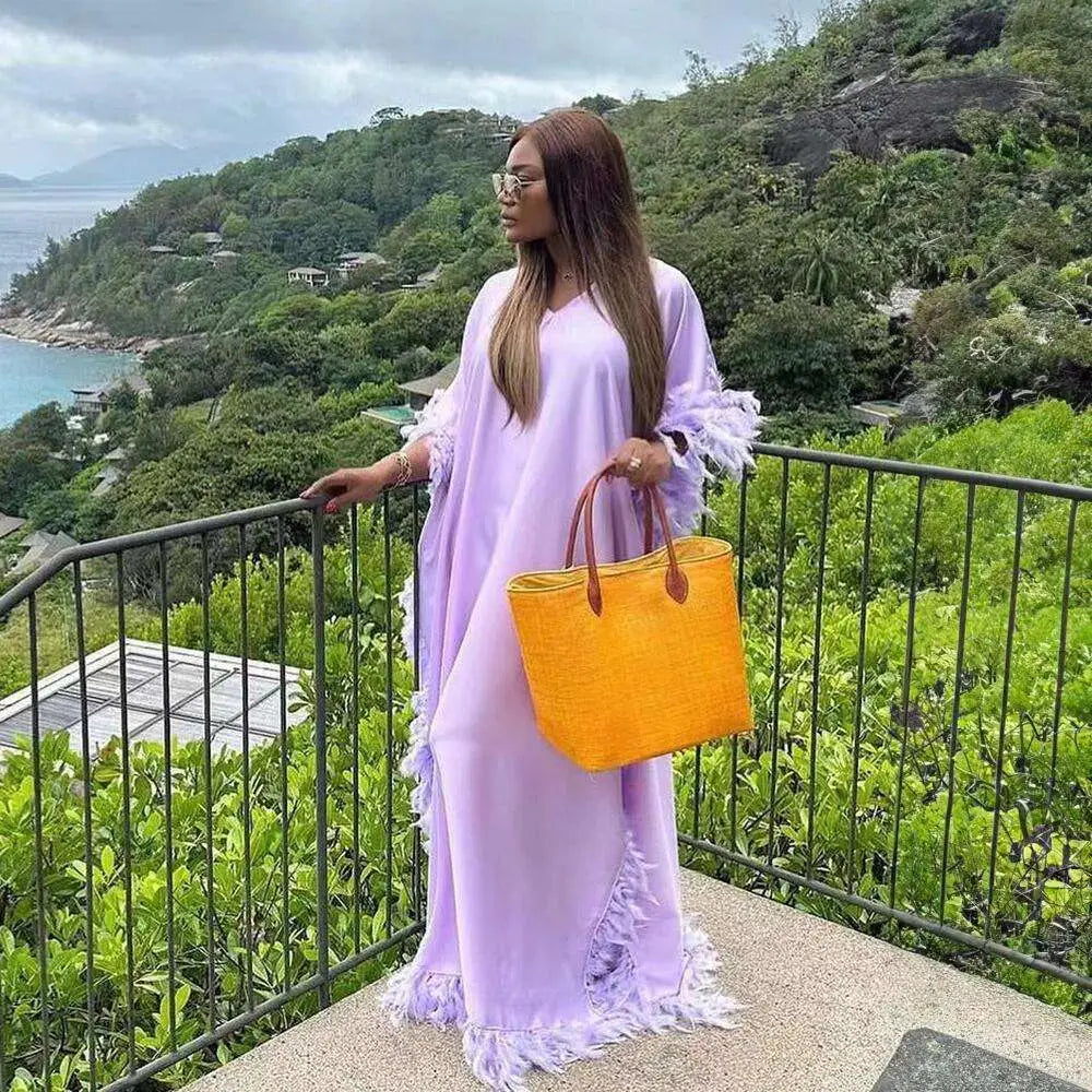 Orange Feathered Loose Dress Luxury Robe
