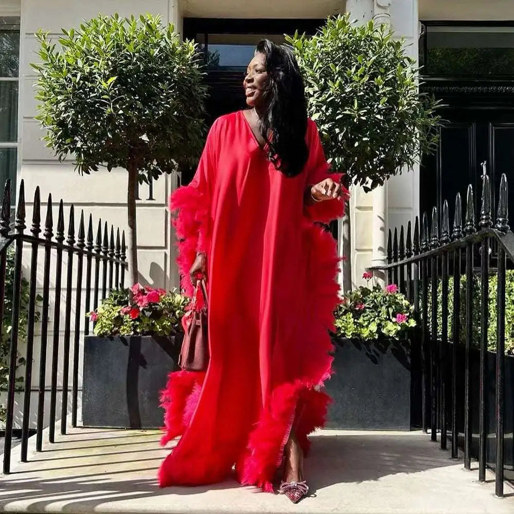 Orange Feathered Loose Dress Luxury Robe