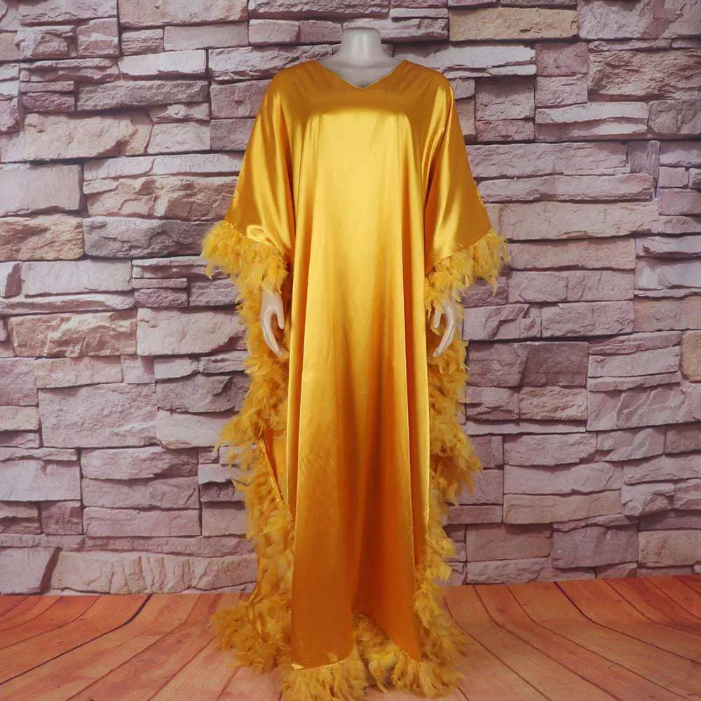 Orange Feathered Loose Dress Luxury Robe